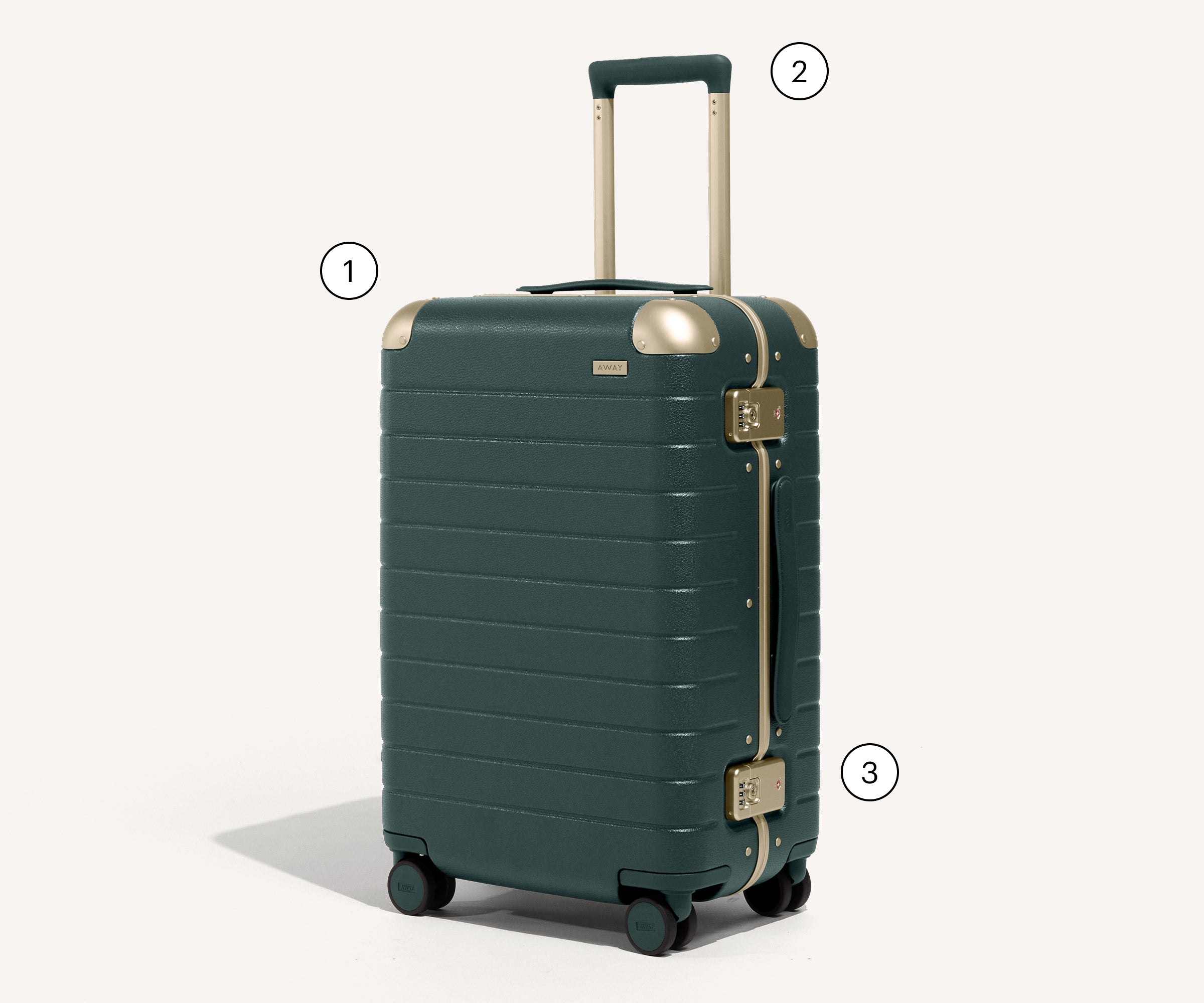 Green suitcase with gold accents on a white background